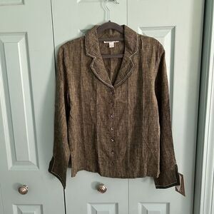 Karavan Womens Olive Green Woven Linen Blazer Blouse Medium Button Front
